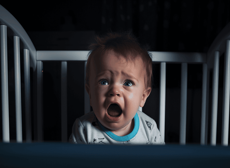 young baby boy sitting up in his crib crying in the middle of the night due to the 8 month sleep regression